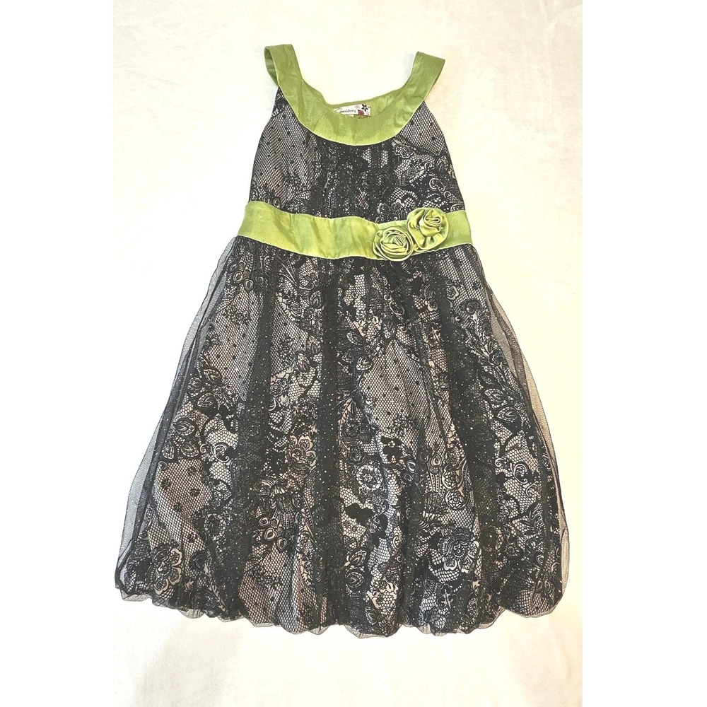 Speechless Girls‎ Black Lace Green Satin Trim Party Dress Size 8 Glitter Rosette